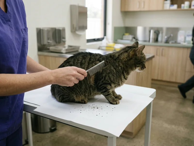A fine-toothed flea comb being drawn through a cat's coat over white paper