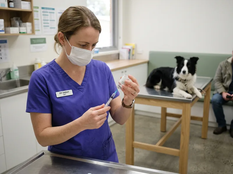 A vet drawing up an injection with a dog waiting calmly in the background