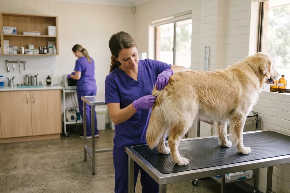 A vet parting a dog's coat at the base of the tail to check the skin