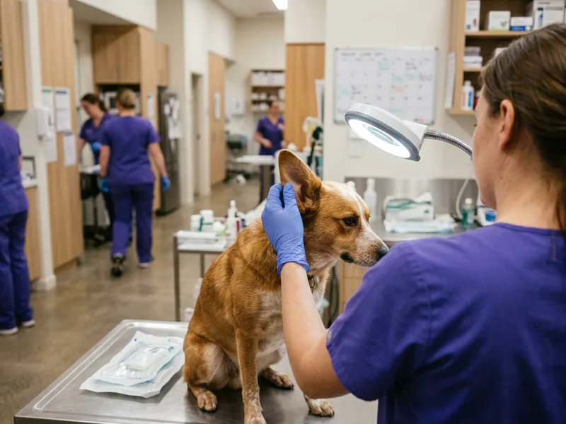 A gloved hand searching the ear of a dog under a bright light