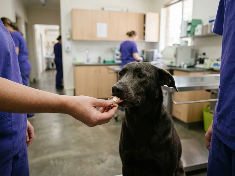 A worming tablet being offered to a dog inside a piece of food