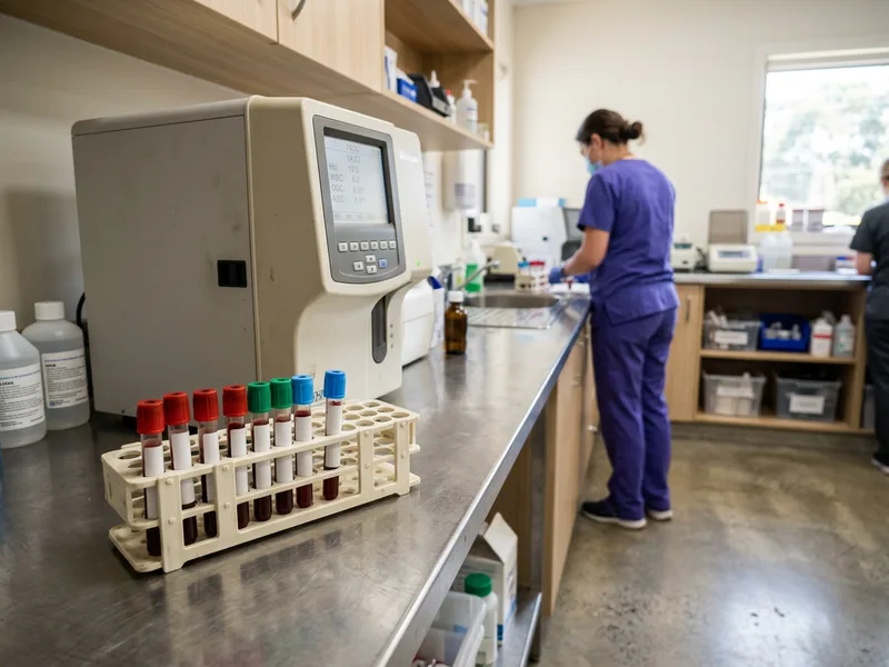 Sample tubes in a rack beside a benchtop haematology analyser