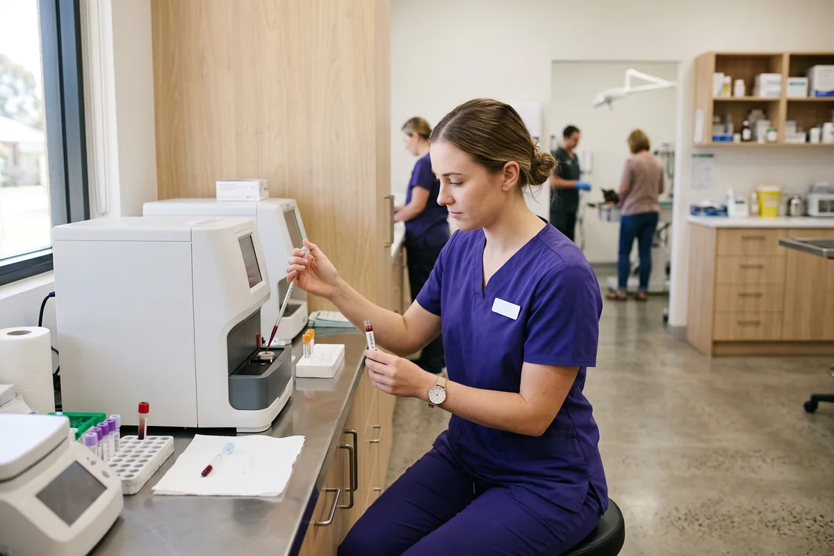 A veterinary nurse loading a sample into a benchtop blood analyser
