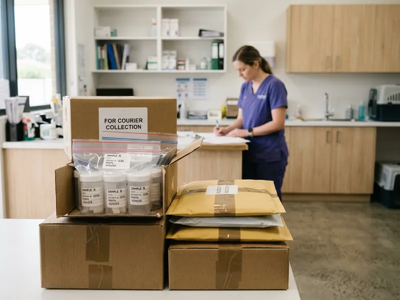 Labelled sample containers packed for courier collection
