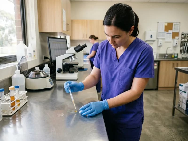 A microscope slide being prepared from a urine sample in a small laboratory