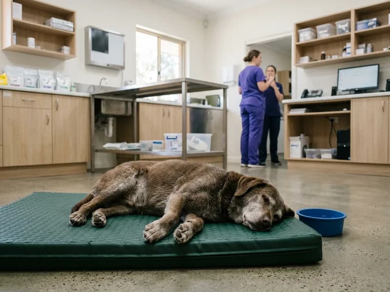 An older dog resting on a padded mat after an exercise session