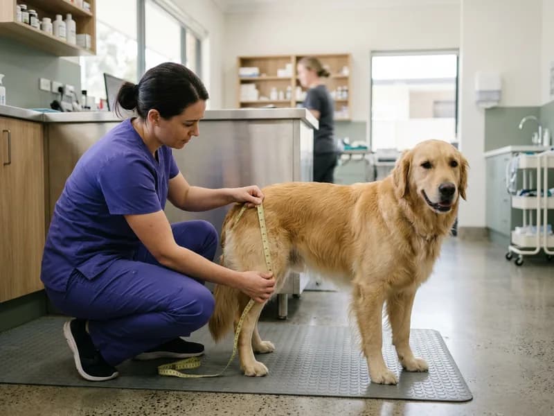 A therapist measuring the thigh circumference of a dog with a tape