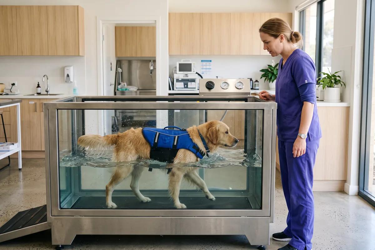 A dog walking in an underwater treadmill tank while a therapist watches from beside it