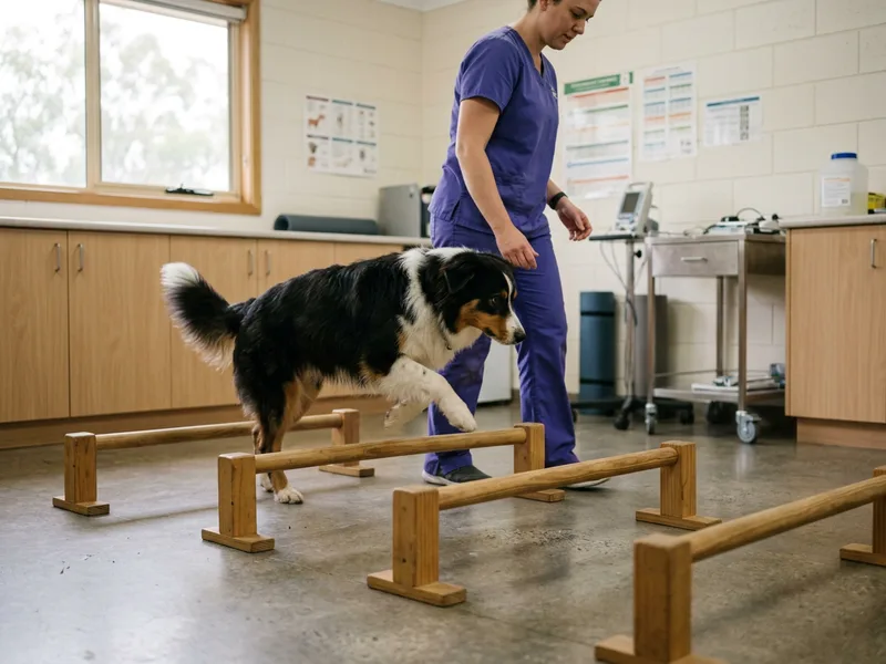 A dog stepping over low cavaletti poles in a clinic exercise room