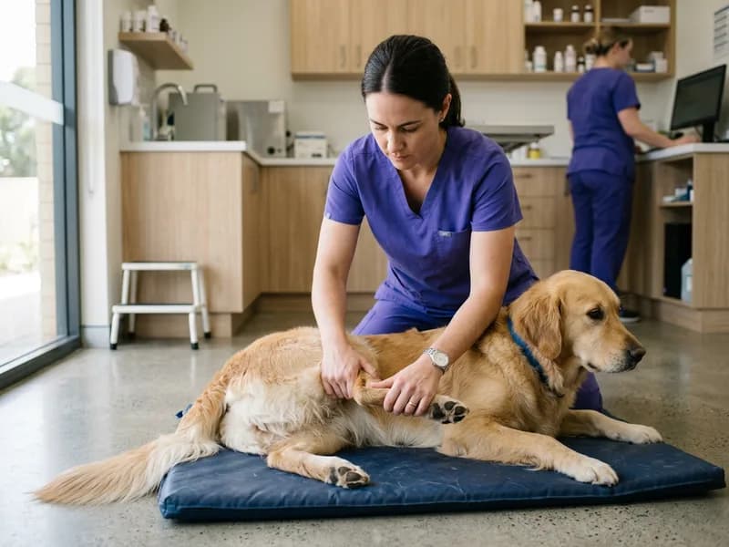 A therapist applying manual therapy to a dog's hind limb on a padded mat