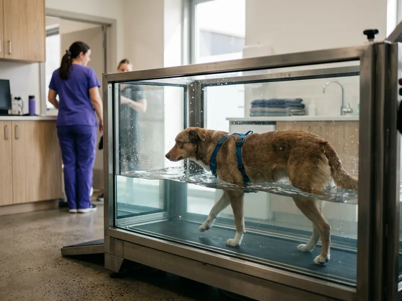 A dog walking steadily in a glass-sided underwater treadmill tank