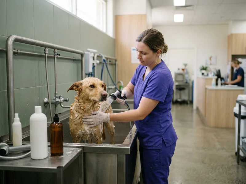 A dog being bathed with medicated shampoo in a clinic wash bay