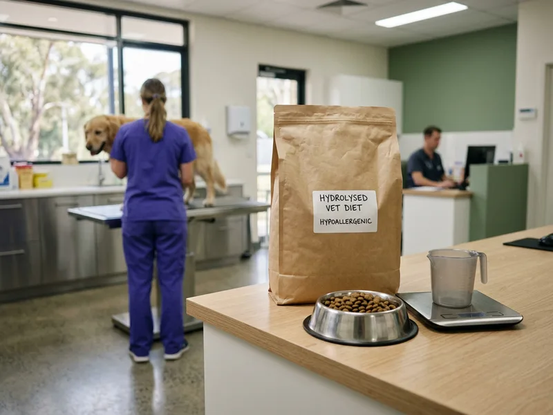 A bag of hydrolysed veterinary diet beside a measured bowl of food