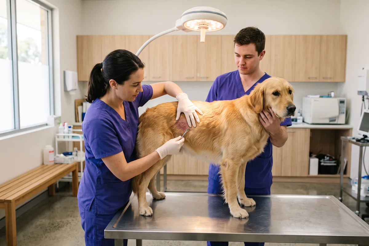 A vet examining the inflamed skin along a dog's flank under a bright lamp