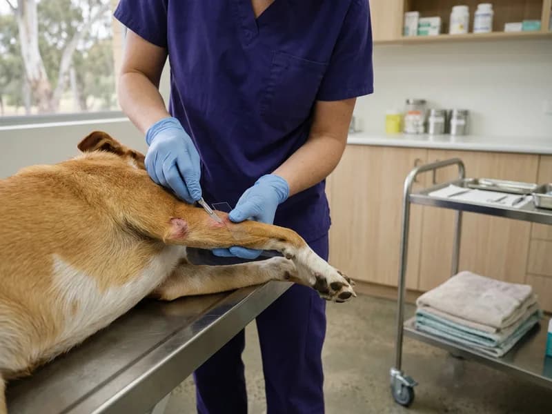 A skin scraping being taken from a dog's elbow with a scalpel blade