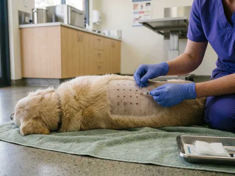 A clipped patch on a dog's flank marked out for intradermal allergy testing