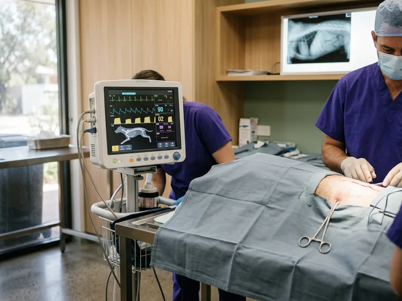 An anaesthetic monitor displaying vital signs beside a surgical drape