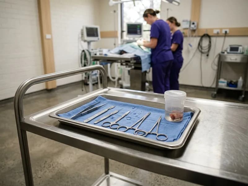 Surgical instruments and a specimen pot on a stainless steel trolley