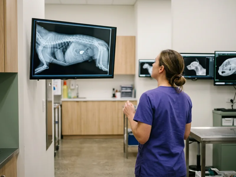 A radiograph on a screen showing an abdominal obstruction