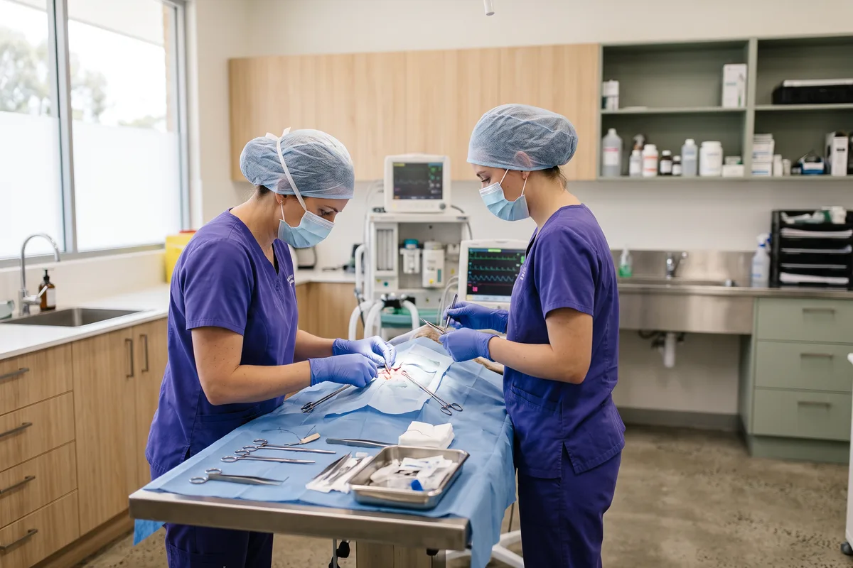 A surgeon in violet scrubs and a nurse working over a draped surgical table
