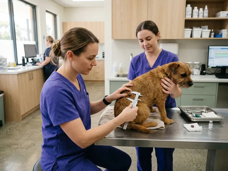 A vet measuring a small skin mass on a dog with calipers