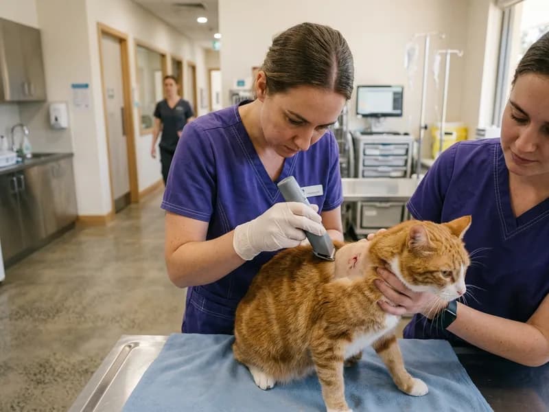 A nurse clipping the coat around a wound on a cat's shoulder