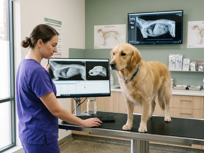 An adult dog standing calmly while a vet checks a record on a screen