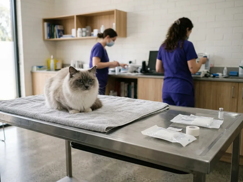 A ragdoll cat sitting on a towel on a stainless steel table