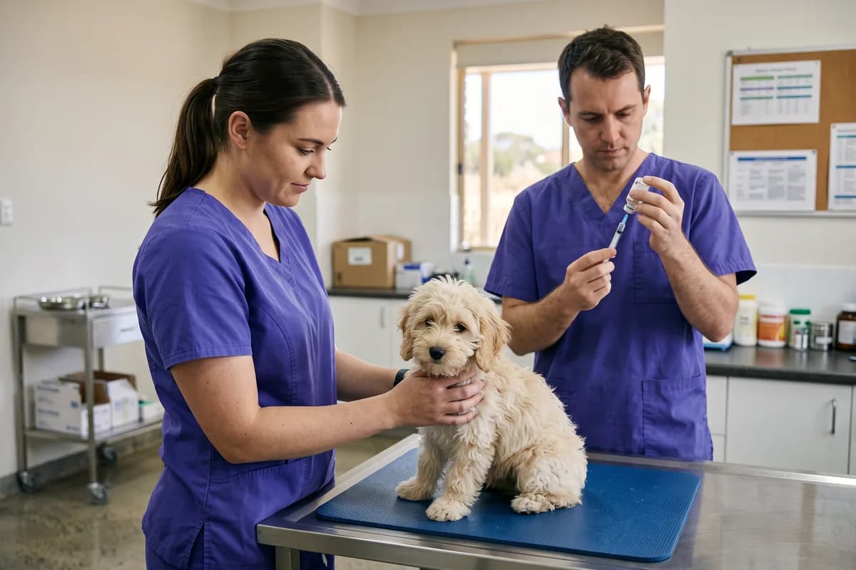 A nurse holding a cavoodle puppy steady while a vet prepares an injection