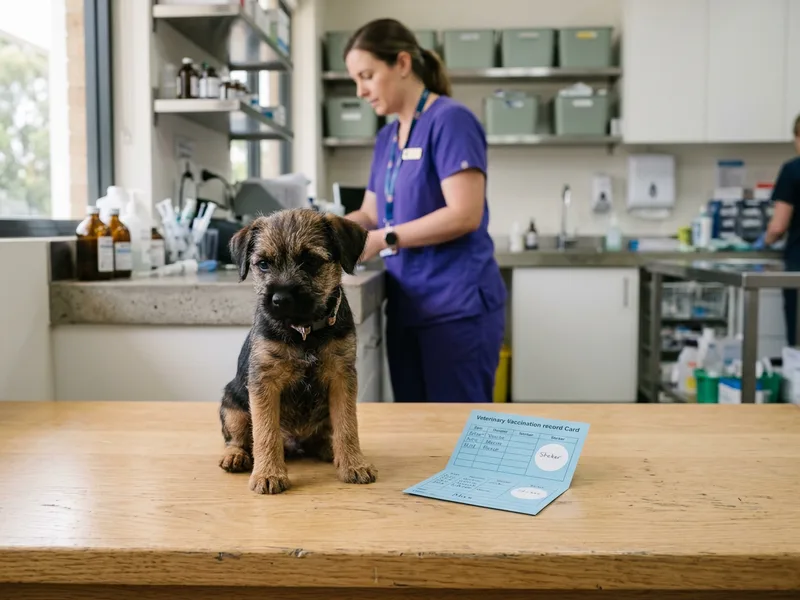 A small puppy sitting on a consult bench beside a vaccination record card