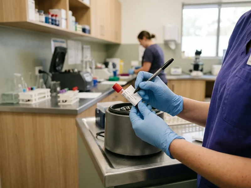 A gloved hand labelling a small blood sample tube in a laboratory