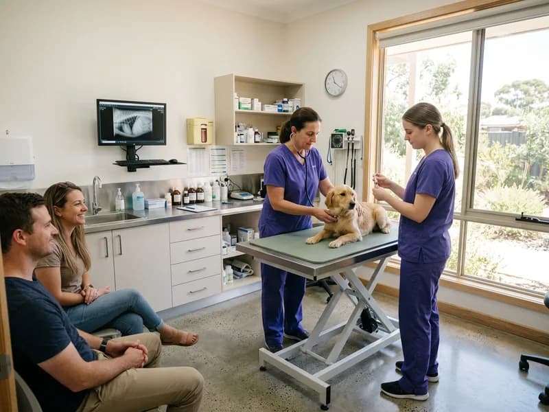 A vet and a nurse working together in a bright consult room