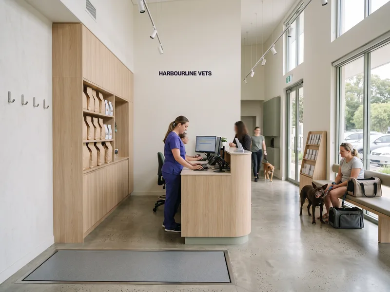 A hospital reception area with light timber and potted native plants