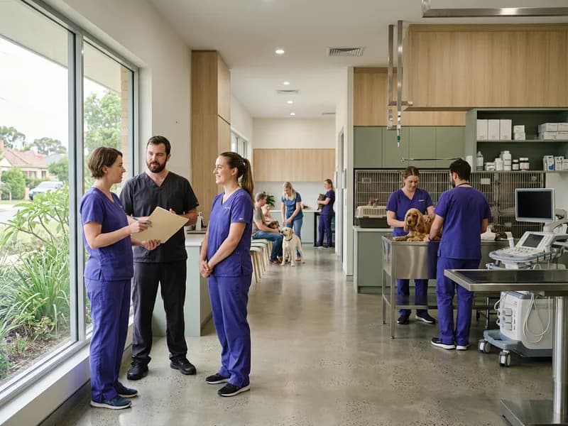 Three staff members in violet scrubs talking in a hospital corridor