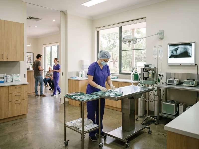 A veterinary nurse preparing a surgical theatre