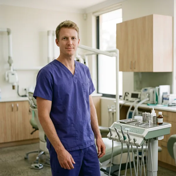 A veterinarian in scrubs beside a veterinary dental unit