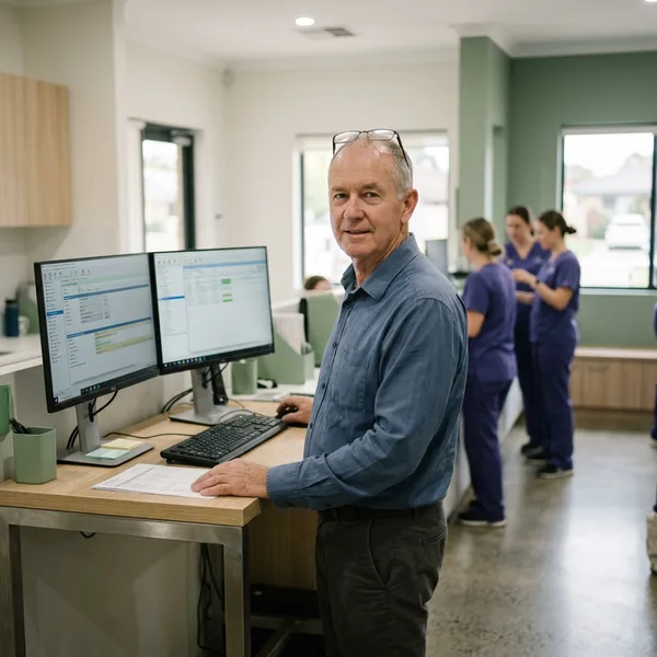 A practice manager working at a standing desk in a clinic office
