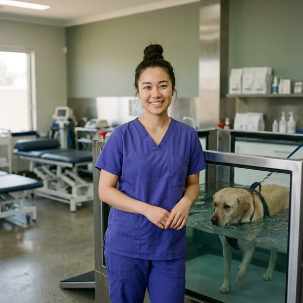 A veterinary nurse beside an underwater treadmill tank