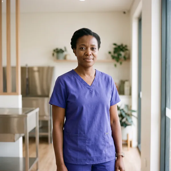 A veterinarian in violet scrubs standing in a bright consult room