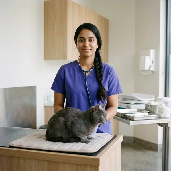 A veterinarian examining a small animal on a padded consult bench