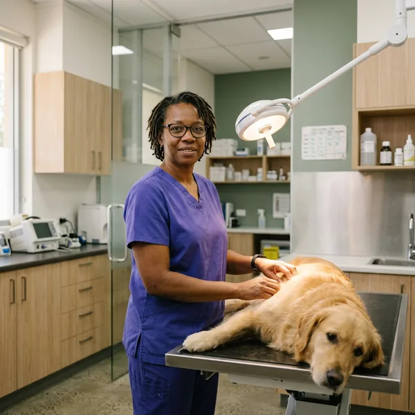 A veterinarian examining the skin along a dog's flank under a lamp