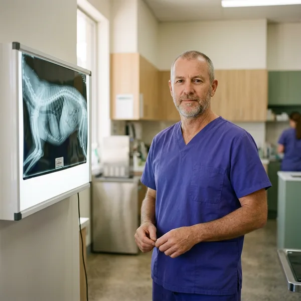 A veterinary surgeon in scrubs reviewing a radiograph on a screen